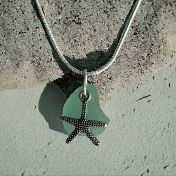 Real Sea Glass Pendant , Starfish Charm, Sea Foam Color